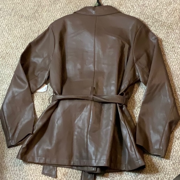 Brown Faux Leather Belted Jacket - Picture 3 of 5